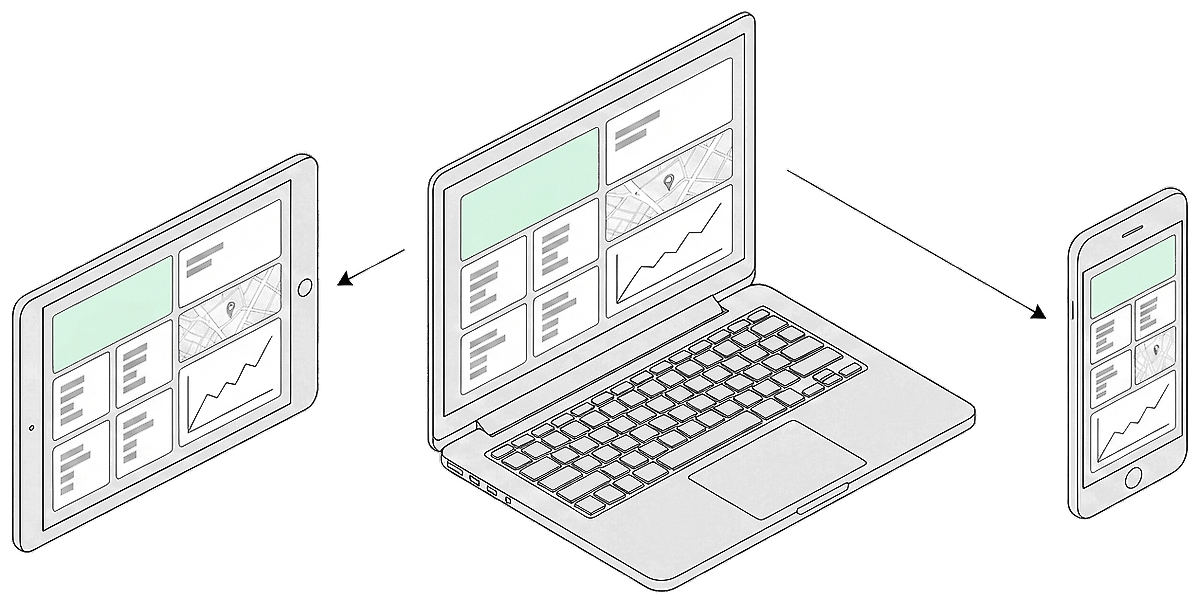 Le même tableau de bord Hostal sur tablette, ordinateur et téléphone : deux flèches partent de l'ordinateur vers les deux autres, la même fiche en menthe sur les trois écrans.